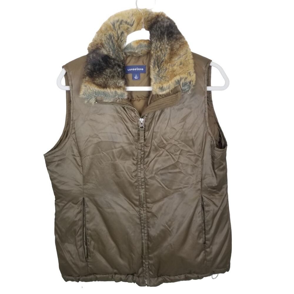 Lands End Womens Goose Down Vest Faux Fur Collar Size S 6/8 Gorpcore Outdoor